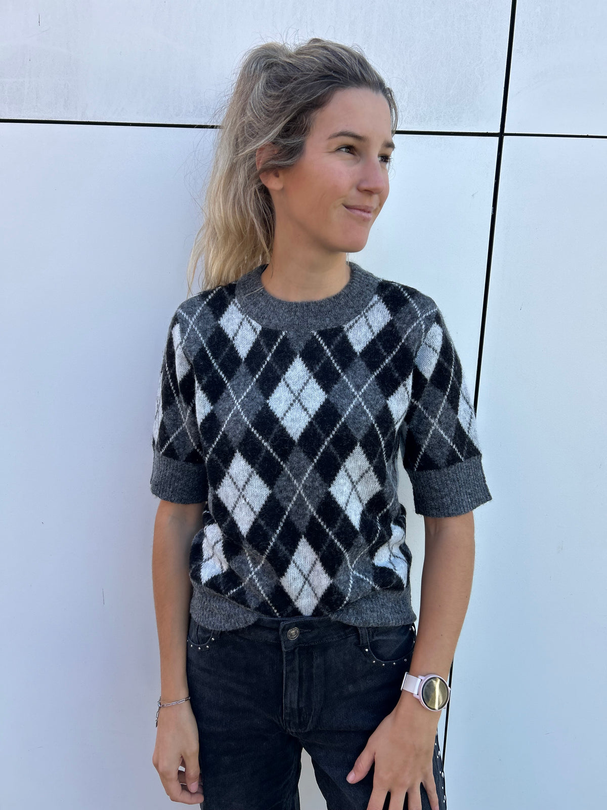 Kaffe Harlow Pullover - Dark Grey/Black/White Argyle