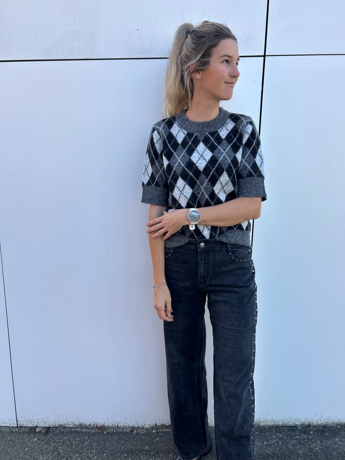 Kaffe Harlow Pullover - Dark Grey/Black/White Argyle