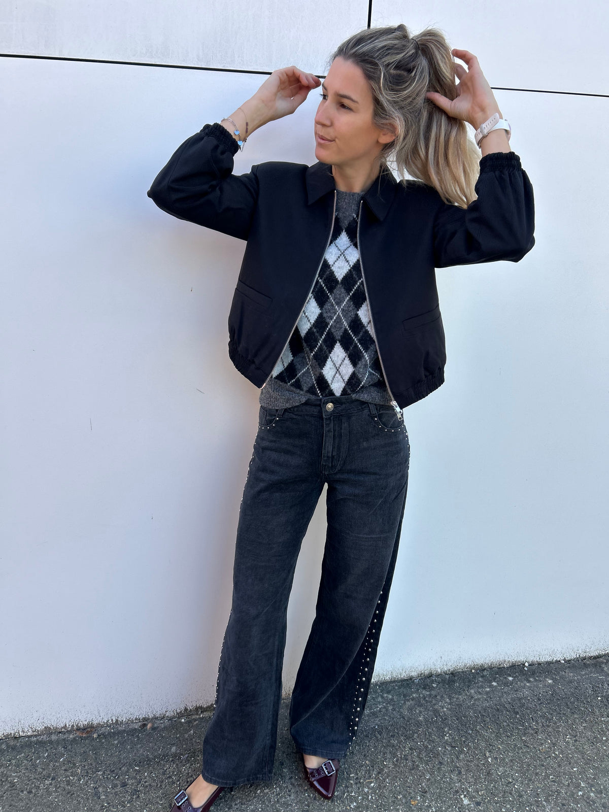 Kaffe Harlow Pullover - Dark Grey/Black/White Argyle