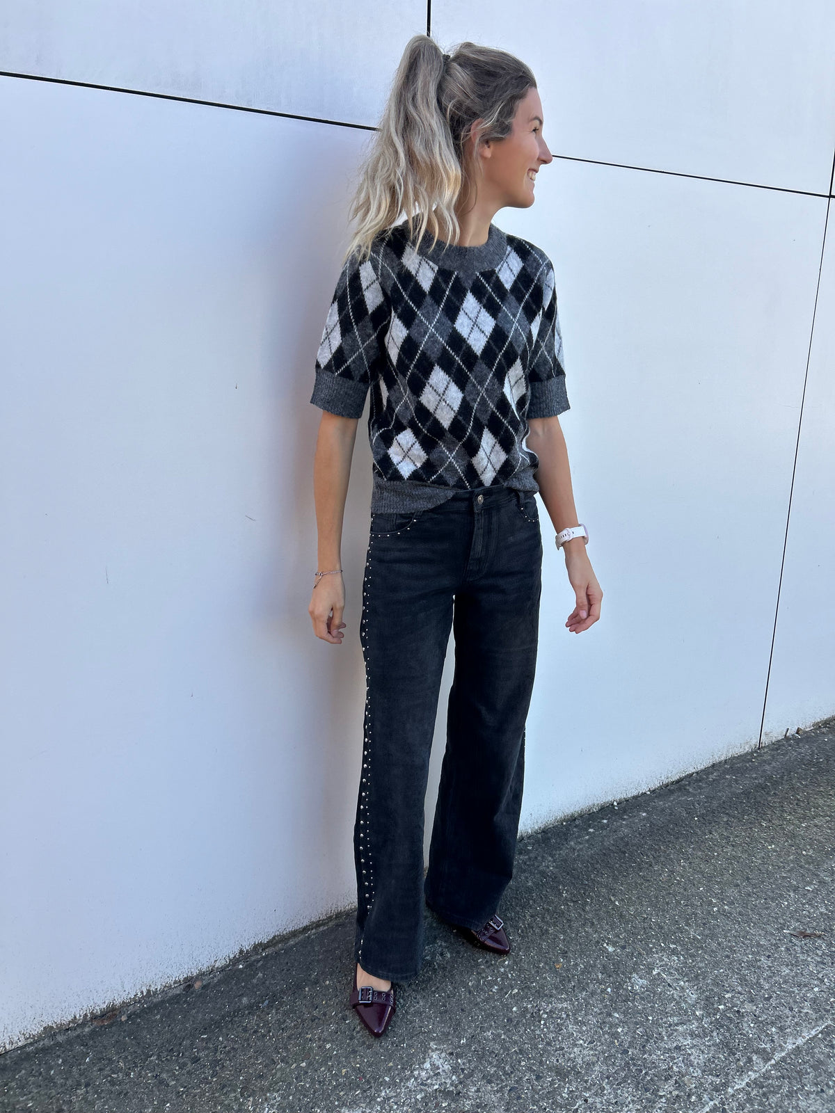 Kaffe Harlow Pullover - Dark Grey/Black/White Argyle