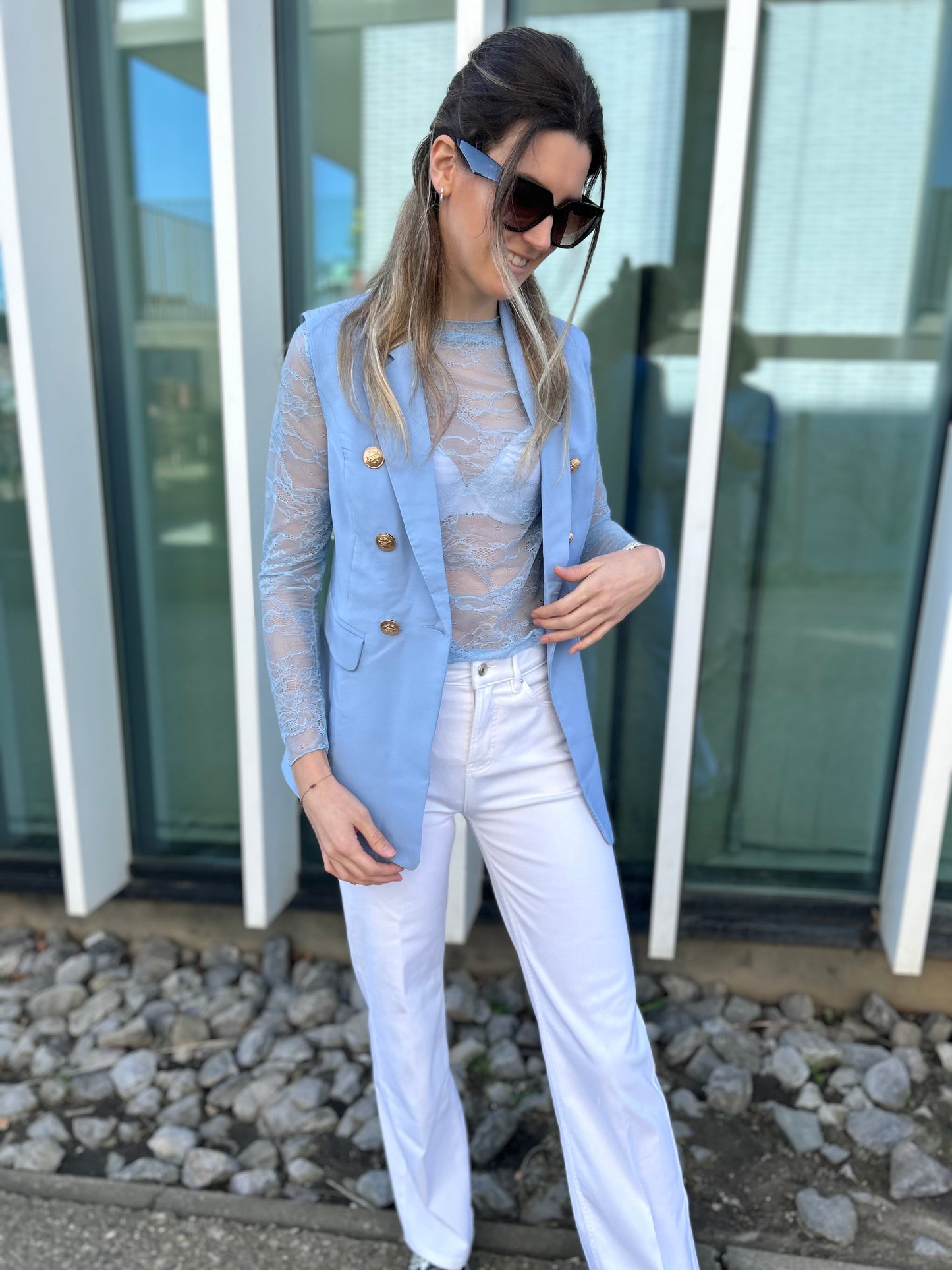 Kanten top Millie blauw